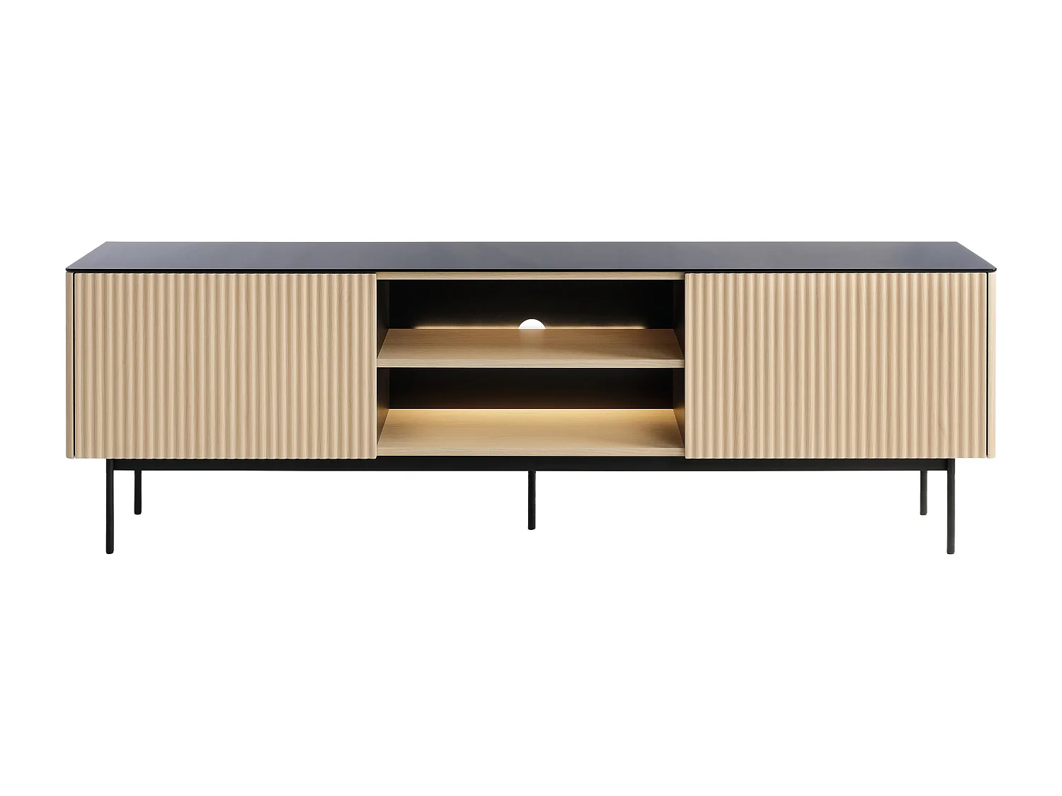 Meuble TV 2 portes et 2 niches avec LEDs en MDF et verre fumé - Naturel clair et Noir - SAYERA