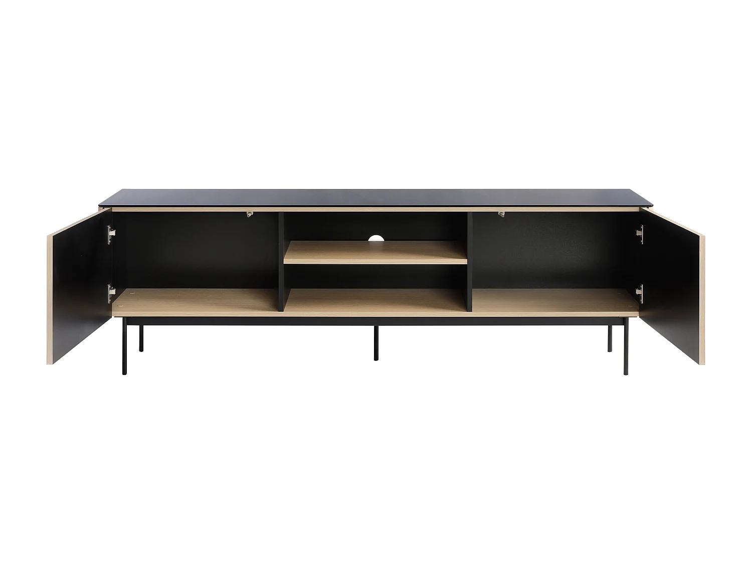Meuble TV 2 portes et 2 niches avec LEDs en MDF et verre fumé - Naturel clair et Noir - SAYERA