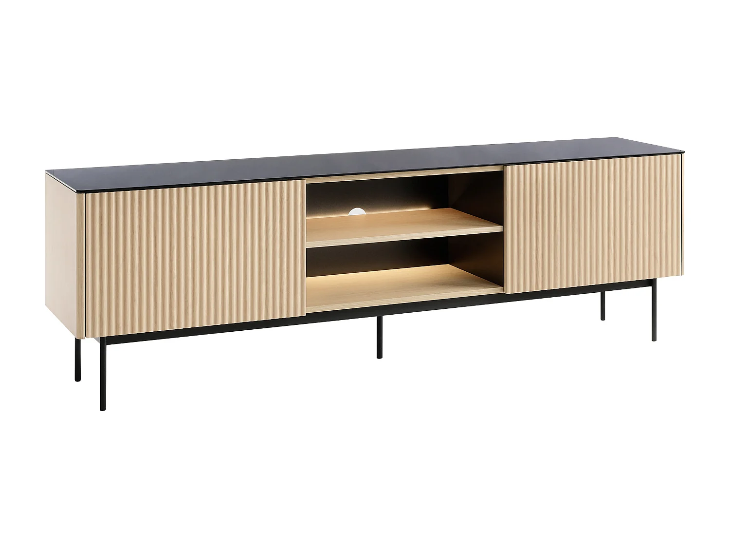 Meuble TV 2 portes et 2 niches avec LEDs en MDF et verre fumé - Naturel clair et Noir - SAYERA