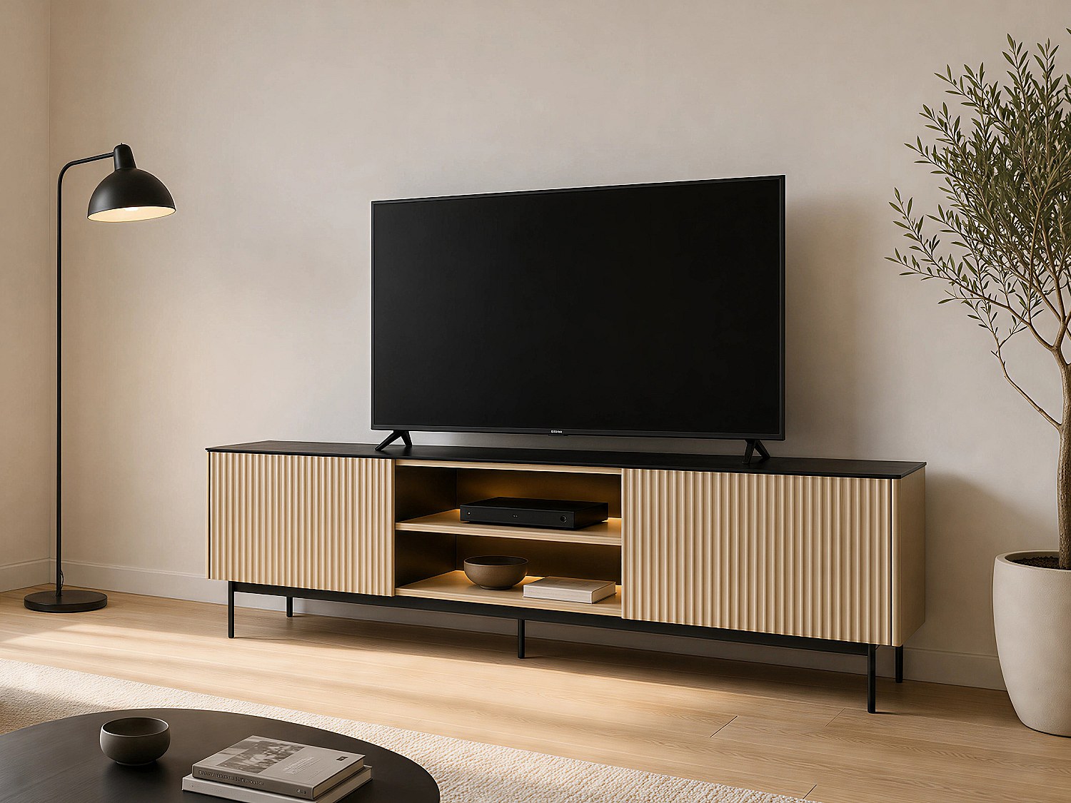 TV-Schrank mit 2 Türen und 2 Nischen mit LEDs aus MDF und Rauchglas – Helles Natur und Schwarz – SAYERA
