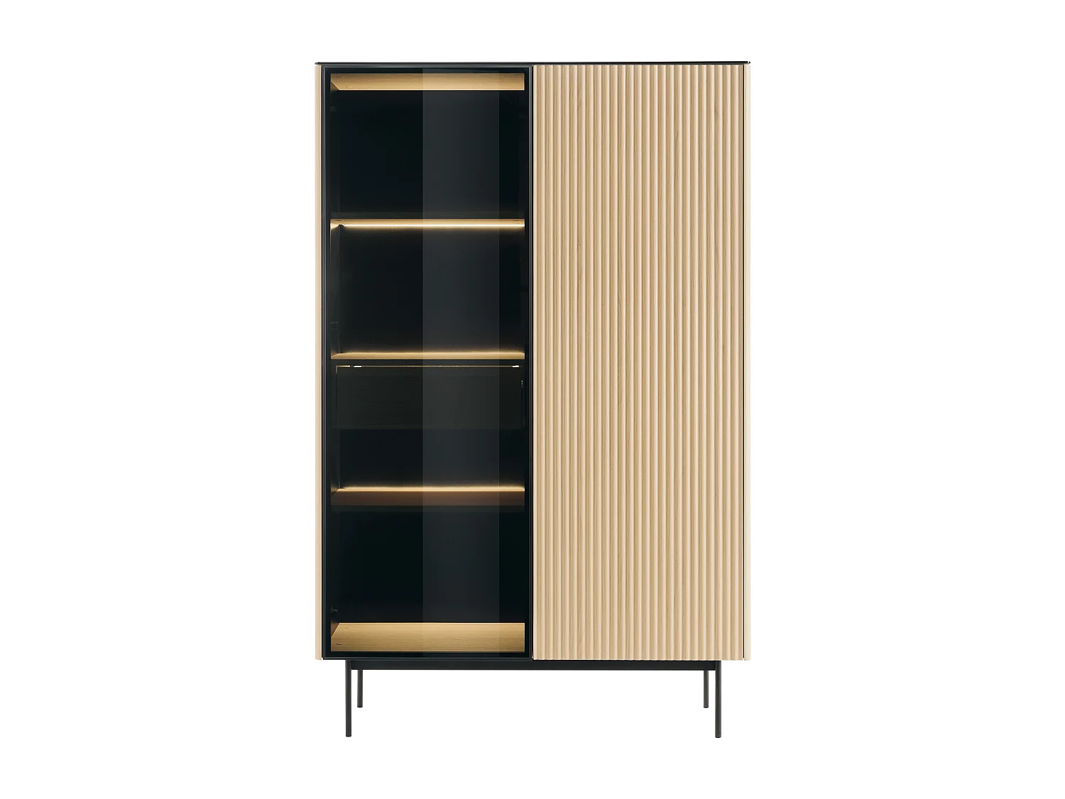 Vitrine 2 portes avec LEDs en MDF et verre fumé - H. 166 cm - Naturel clair et Noir - SAYERA