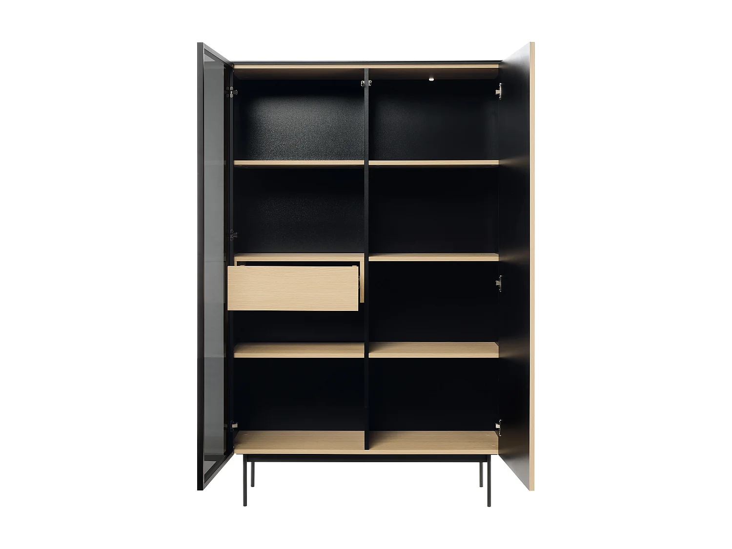 Vitrine 2 portes avec LEDs en MDF et verre fumé - H. 166 cm - Naturel clair et Noir - SAYERA