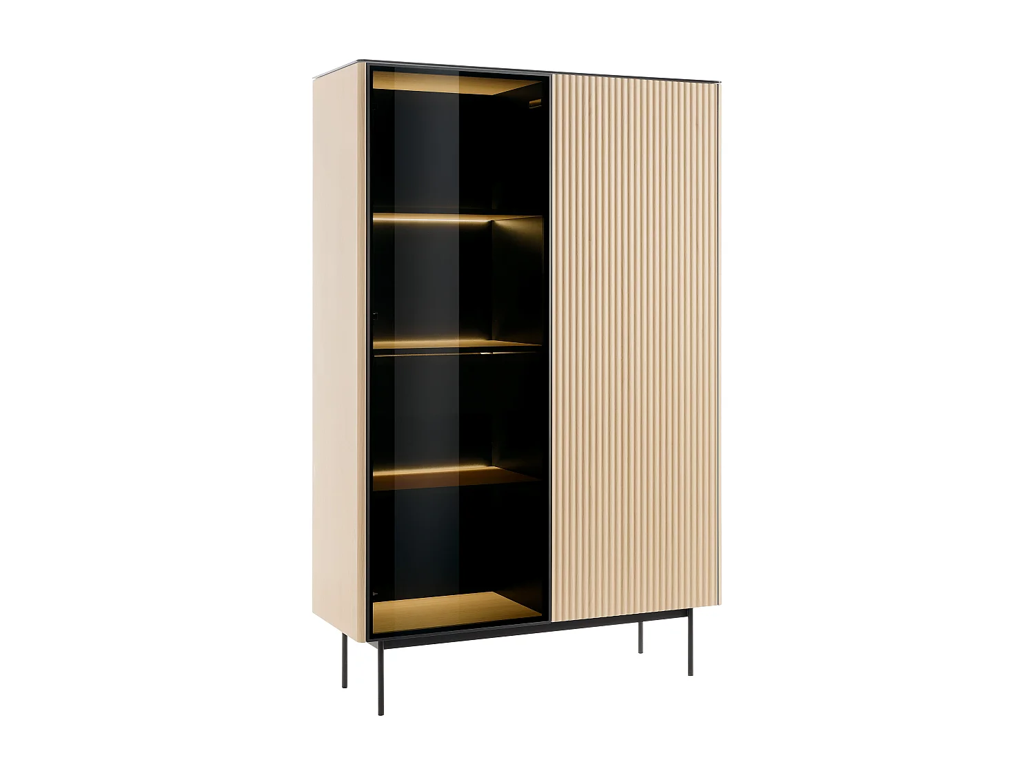 Vitrine 2 portes avec LEDs en MDF et verre fumé - H. 166 cm - Naturel clair et Noir - SAYERA
