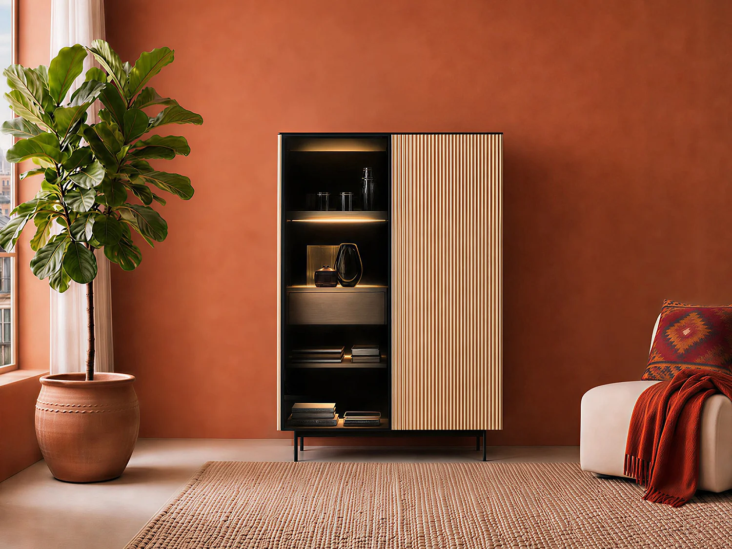 Vitrine 2 portes avec LEDs en MDF et verre fumé - H. 166 cm - Naturel clair et Noir - SAYERA