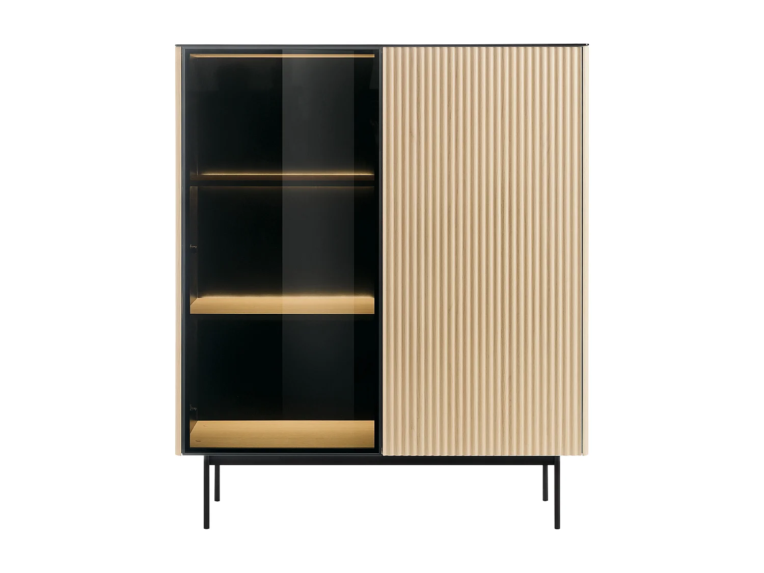 Vitrine 2 portes avec LEDs en MDF et verre fumé - H. 127 cm - Naturel clair et Noir - SAYERA