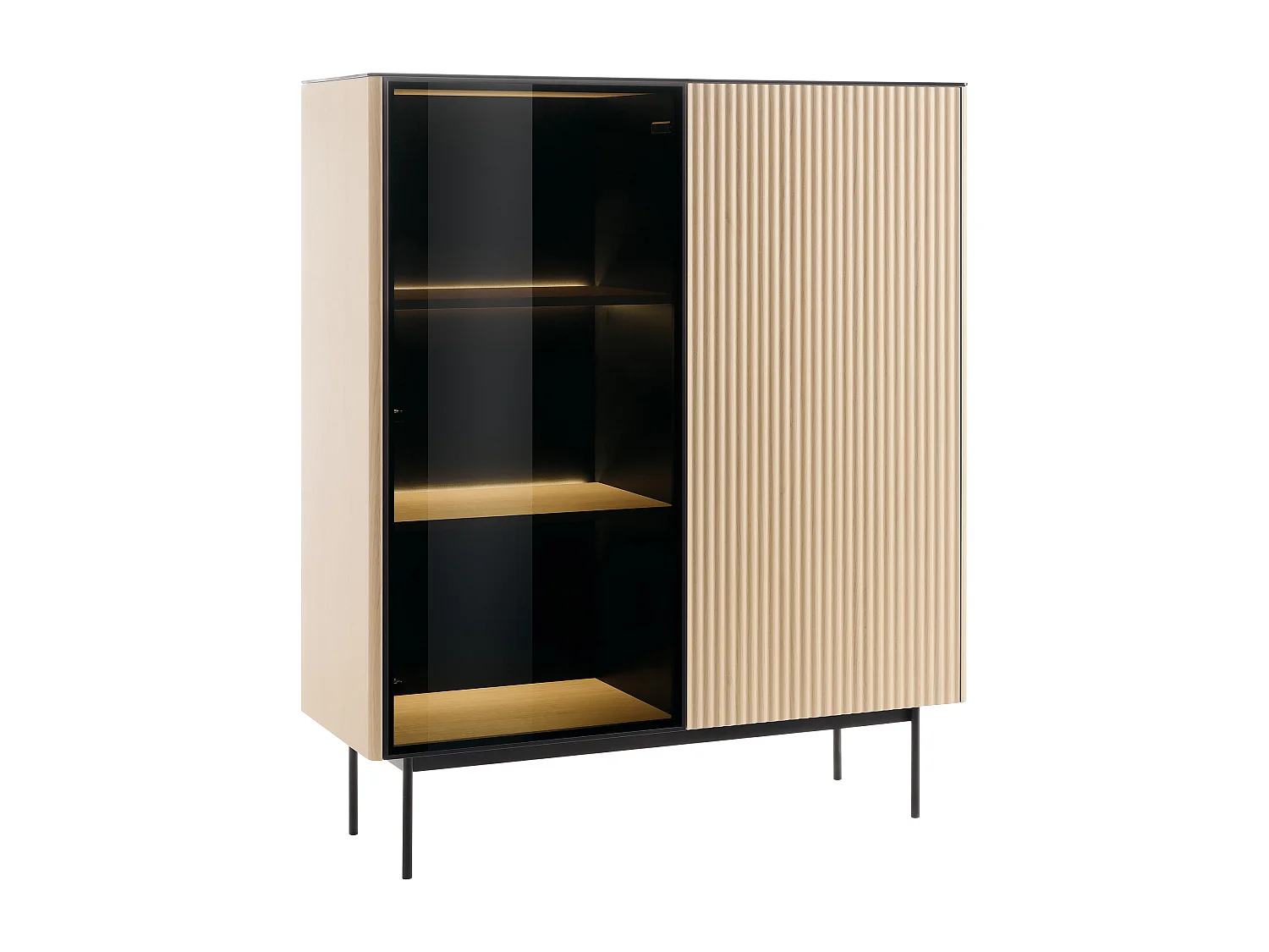 Vitrine 2 portes avec LEDs en MDF et verre fumé - H. 127 cm - Naturel clair et Noir - SAYERA