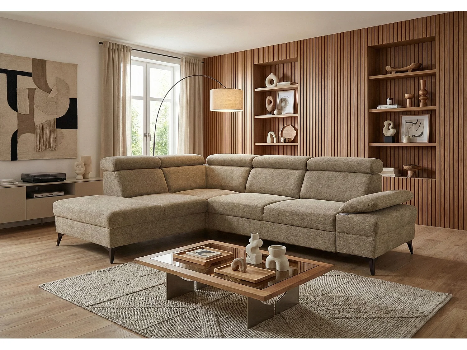 Canapé d’angle moderne Vigo avec fonction RELAX et appuie-têtes réglables – idéal pour le salon