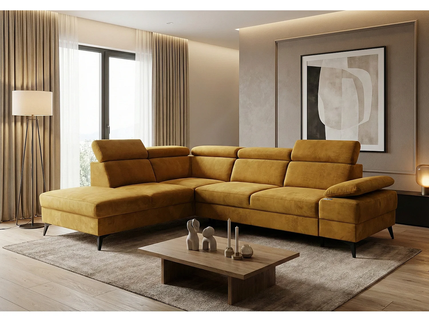 Canapé d’angle moderne Vigo avec fonction RELAX et appuie-têtes réglables – idéal pour le salon