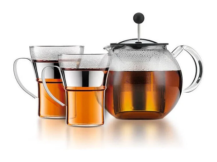 Théiere a piston - BODUM - ASSAM SET - 1.0 l avec couvercle, filtre inox + 2 tasses verre anse inox 0.35 l