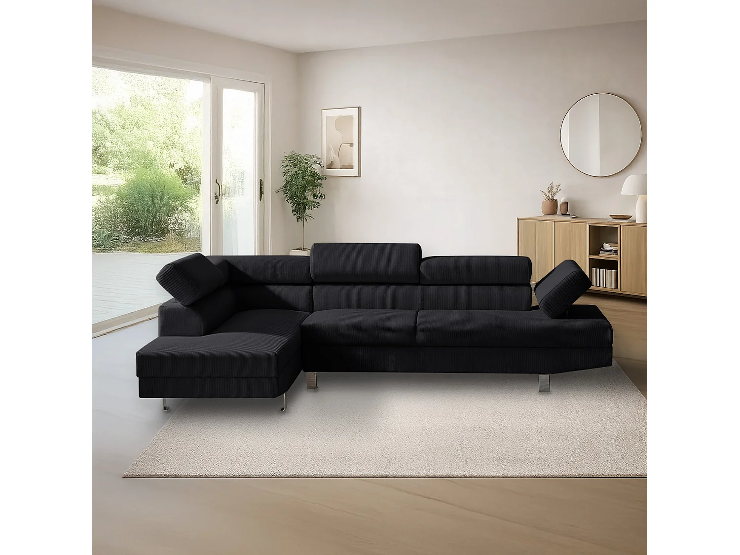 Canapé d'angle gauche avec têtières relevables Palerme velours côtelé noir