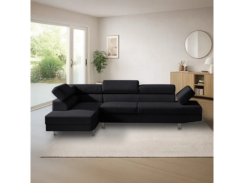 Canapé d'angle gauche avec têtières relevables Palerme velours côtelé noir