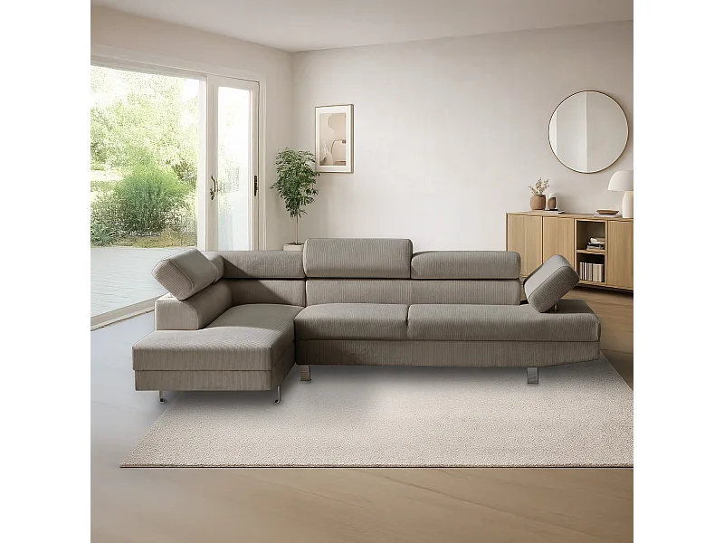 Canapé d'angle gauche avec têtières relevables Palerme velours côtelé taupe