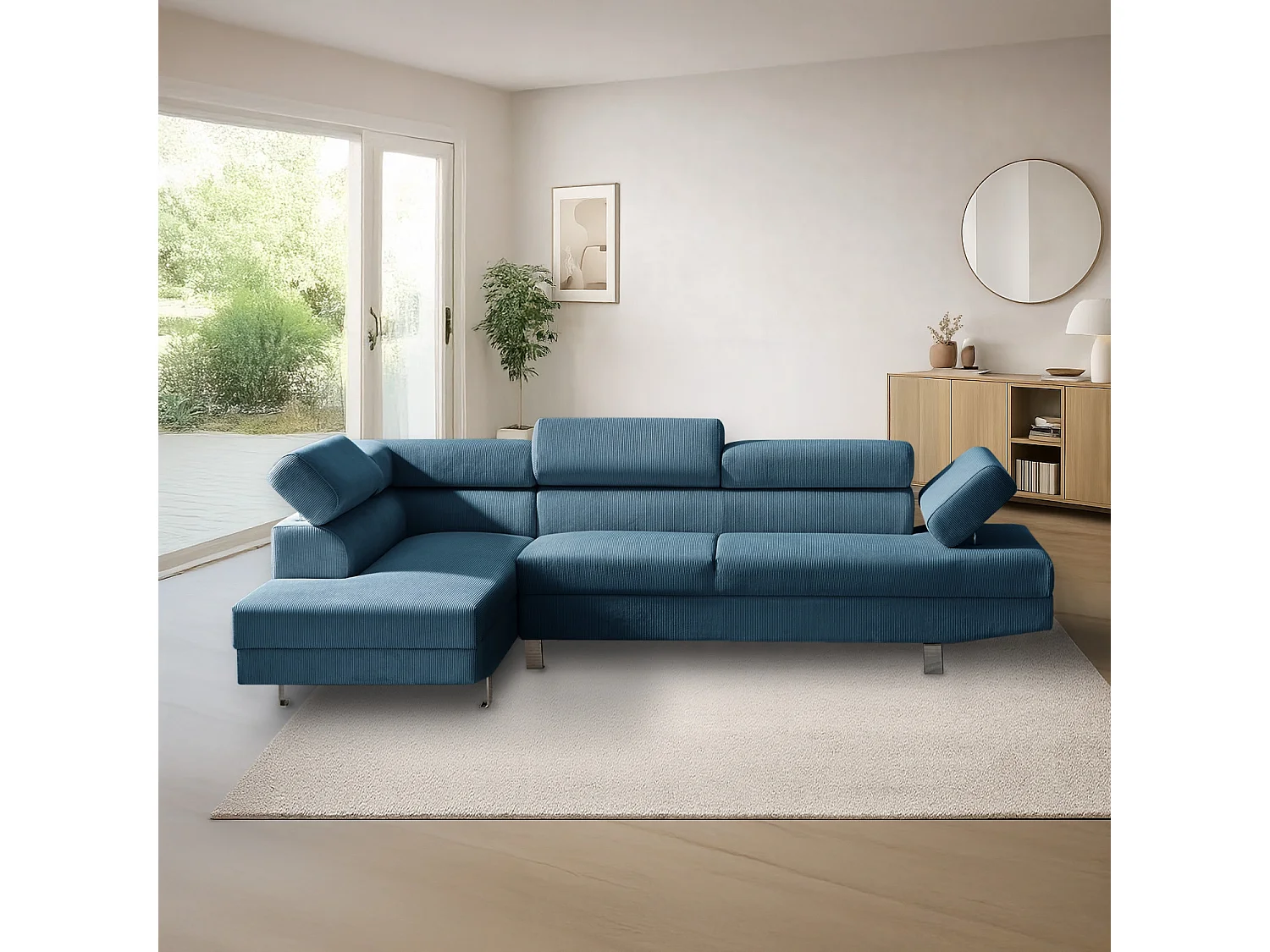 Canapé d'angle gauche avec têtières relevables Palerme velours côtelé bleu