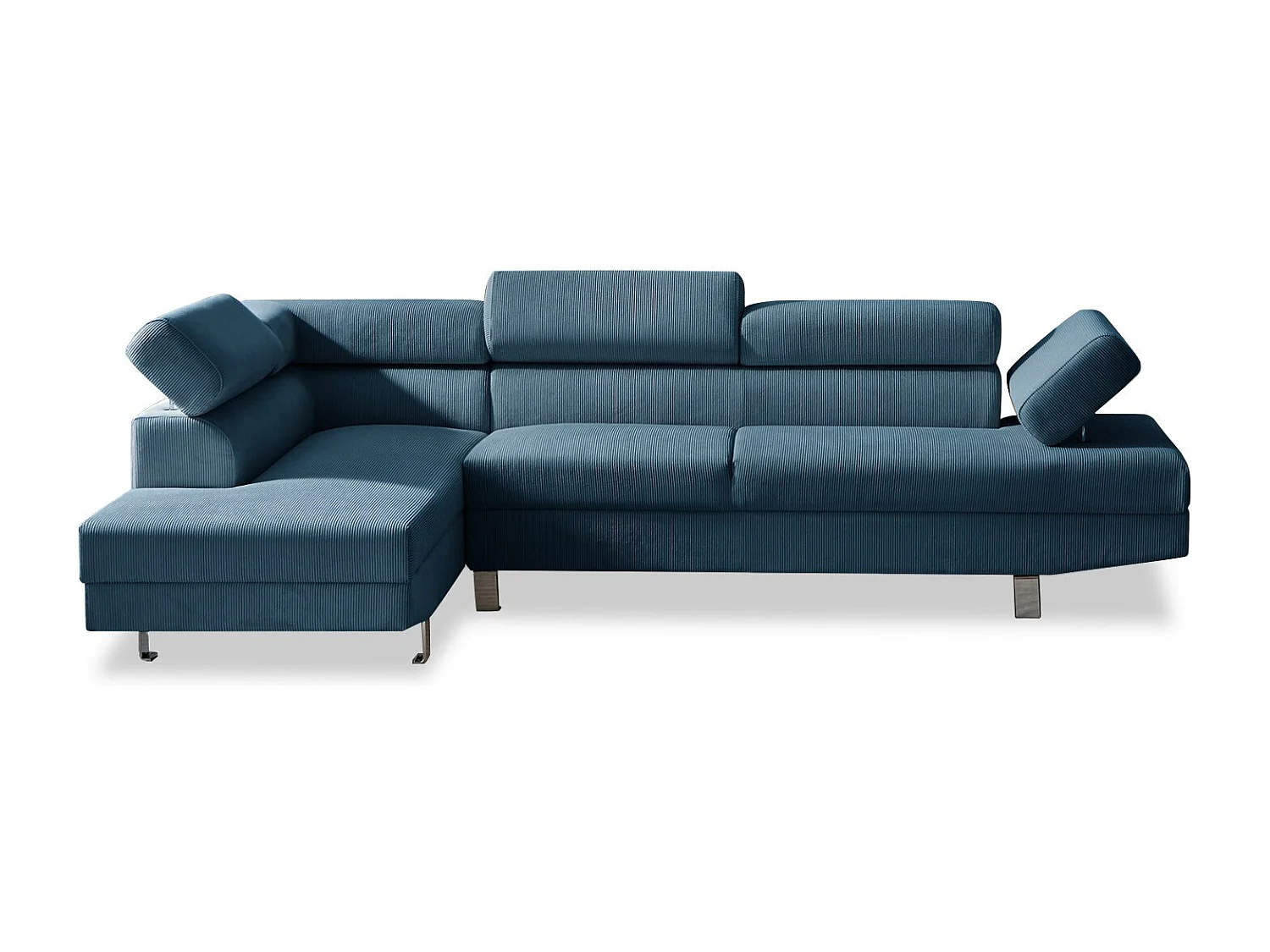Canapé d'angle gauche avec têtières relevables Palerme velours côtelé bleu