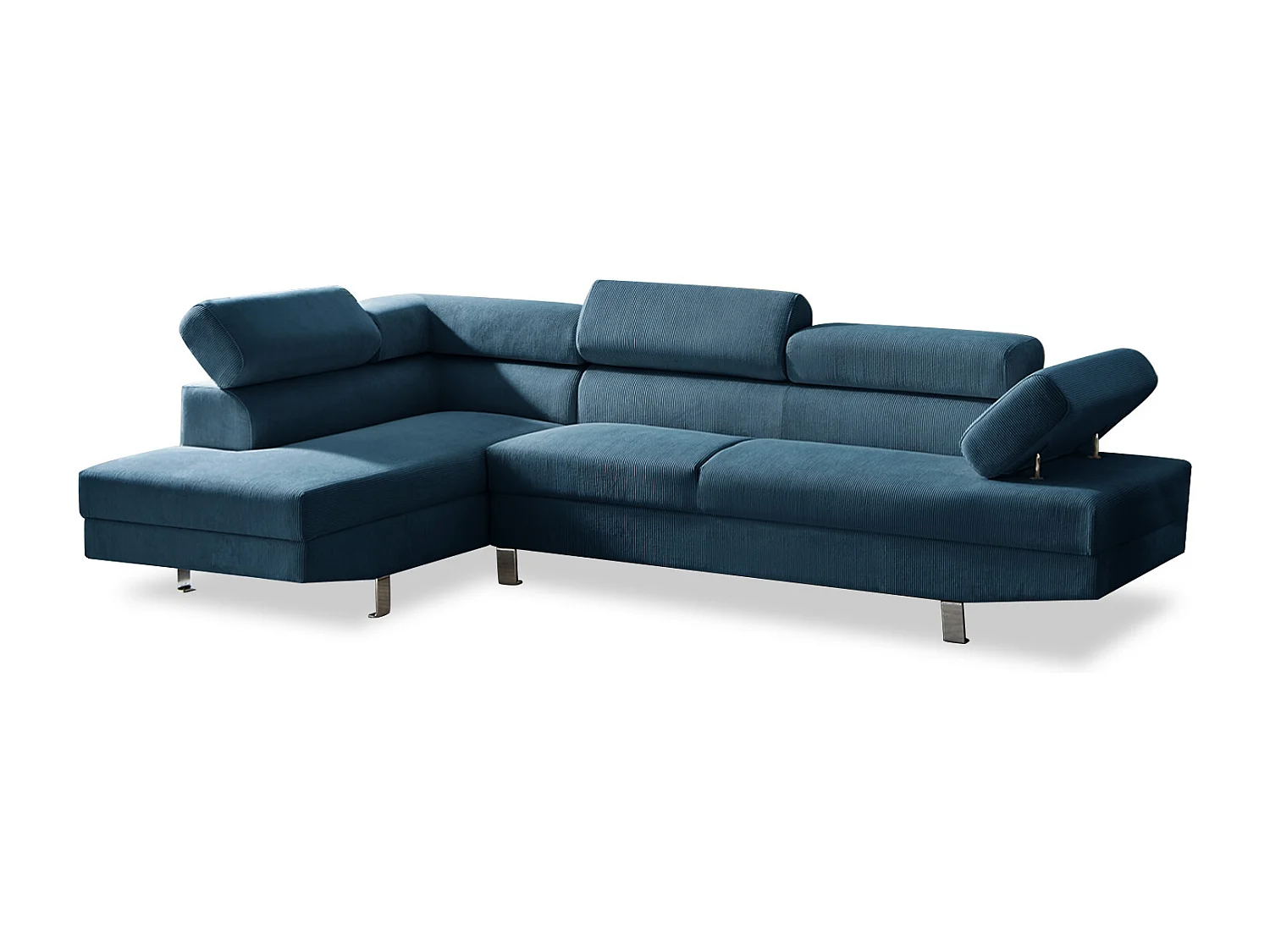 Canapé d'angle gauche avec têtières relevables Palerme velours côtelé bleu