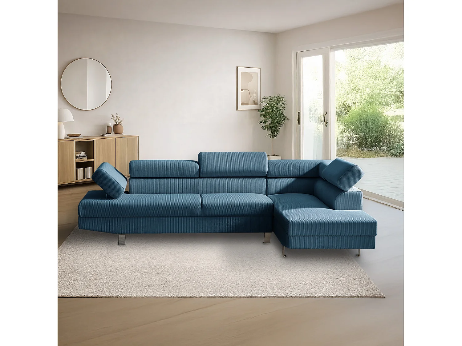 Canapé d'angle droit avec têtières relevables Palerme velours côtelé bleu