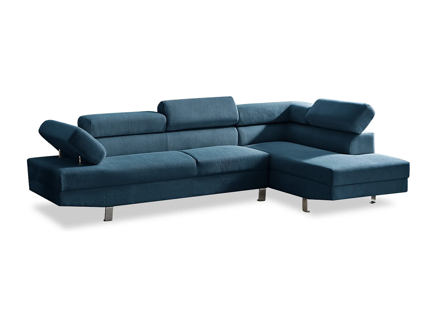 Canapé d'angle droit avec têtières relevables Palerme velours côtelé bleu
