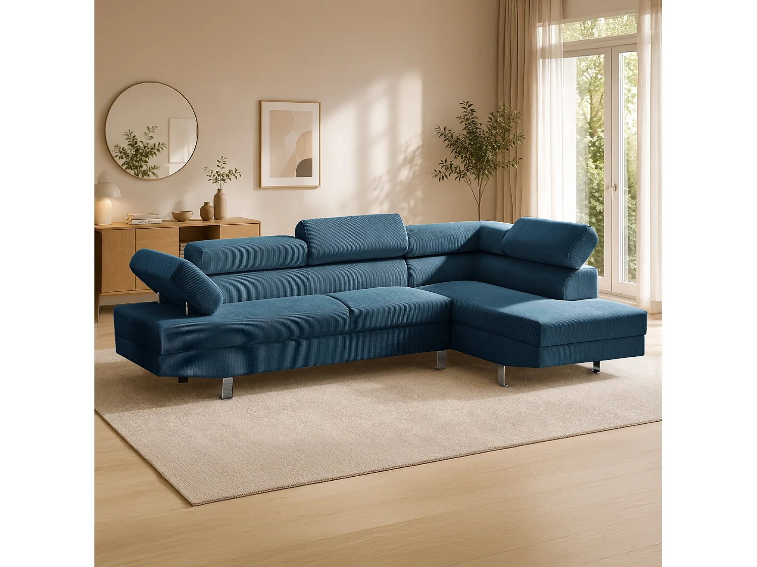 Canapé d'angle 5 places avec tetieres en velours cotele bleu PALERME