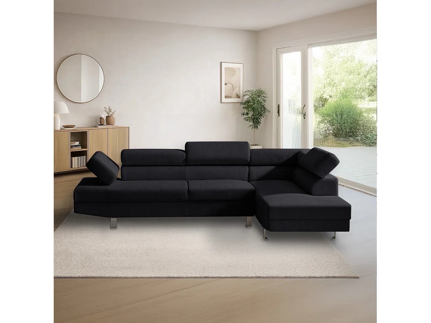 Canapé d'angle droit avec têtières relevables Palerme velours côtelé noir