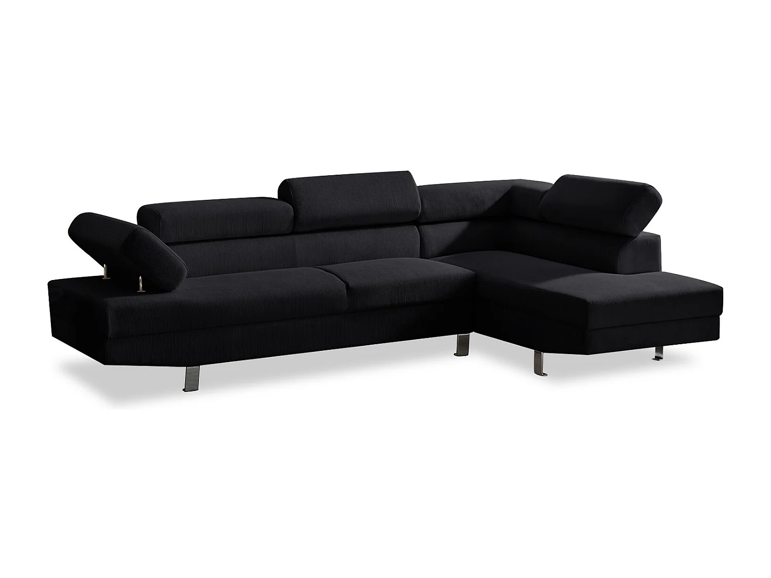 Canapé d'angle droit avec têtières relevables Palerme velours côtelé noir