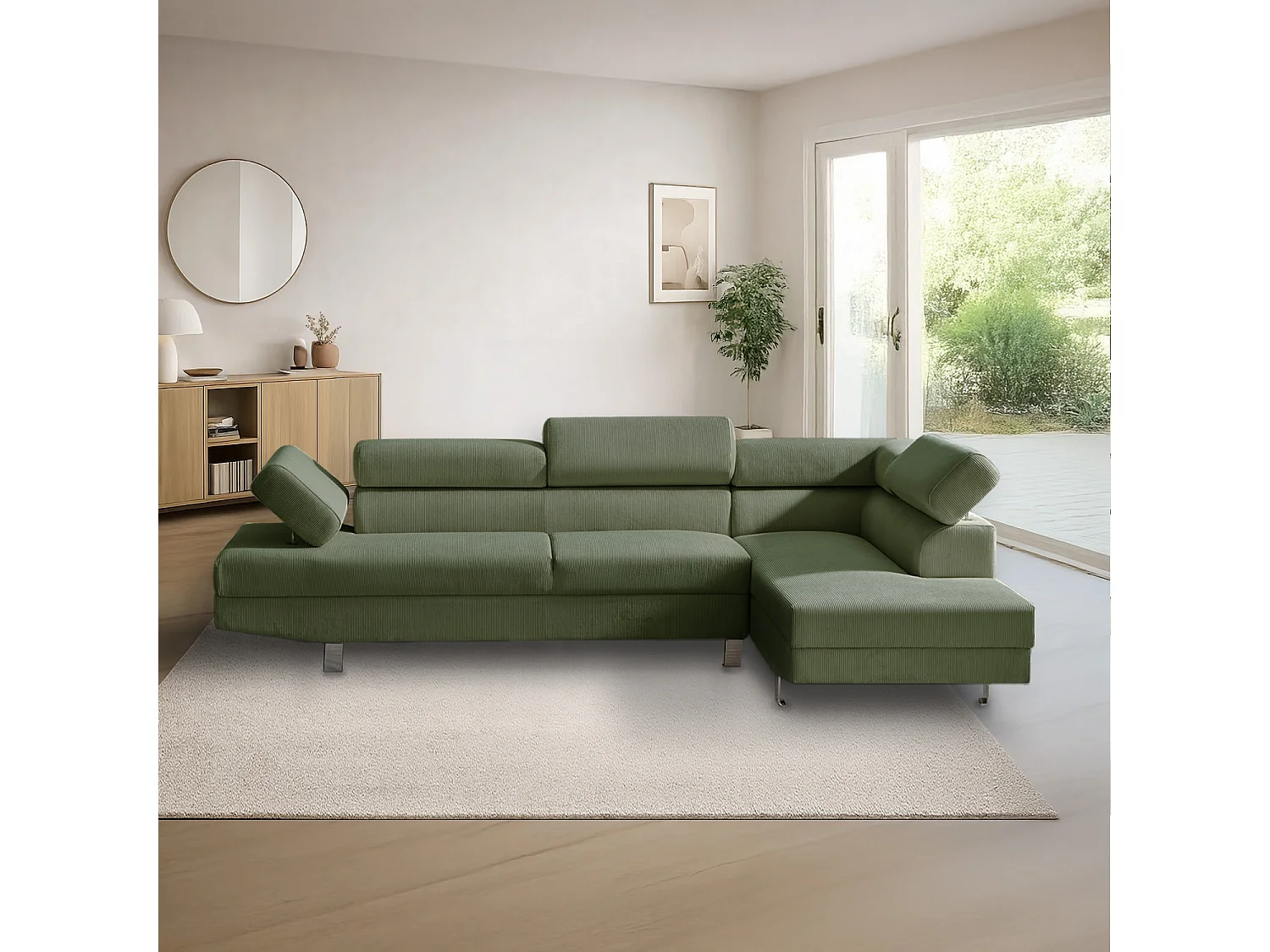 Canapé d'angle droit avec têtières relevables Palerme velours côtelé vert