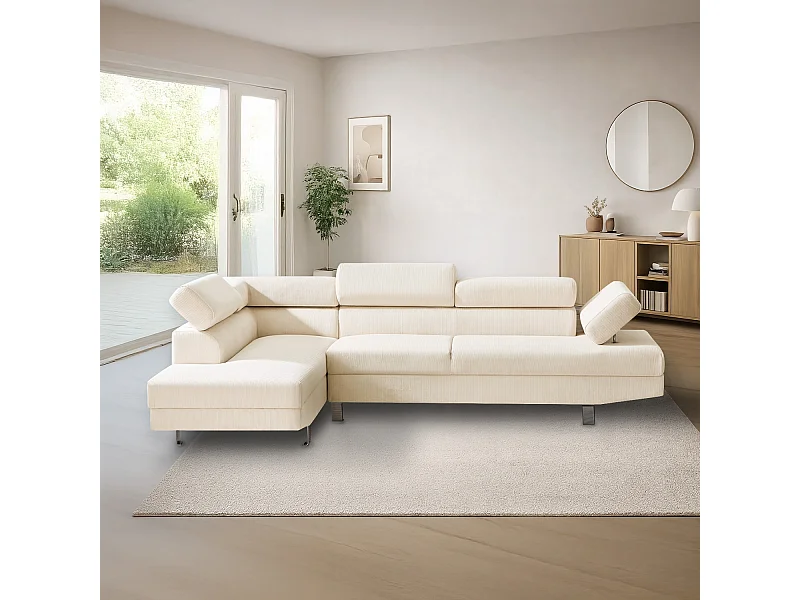 Canapé d'angle gauche avec têtières relevables Palerme velours côtelé beige