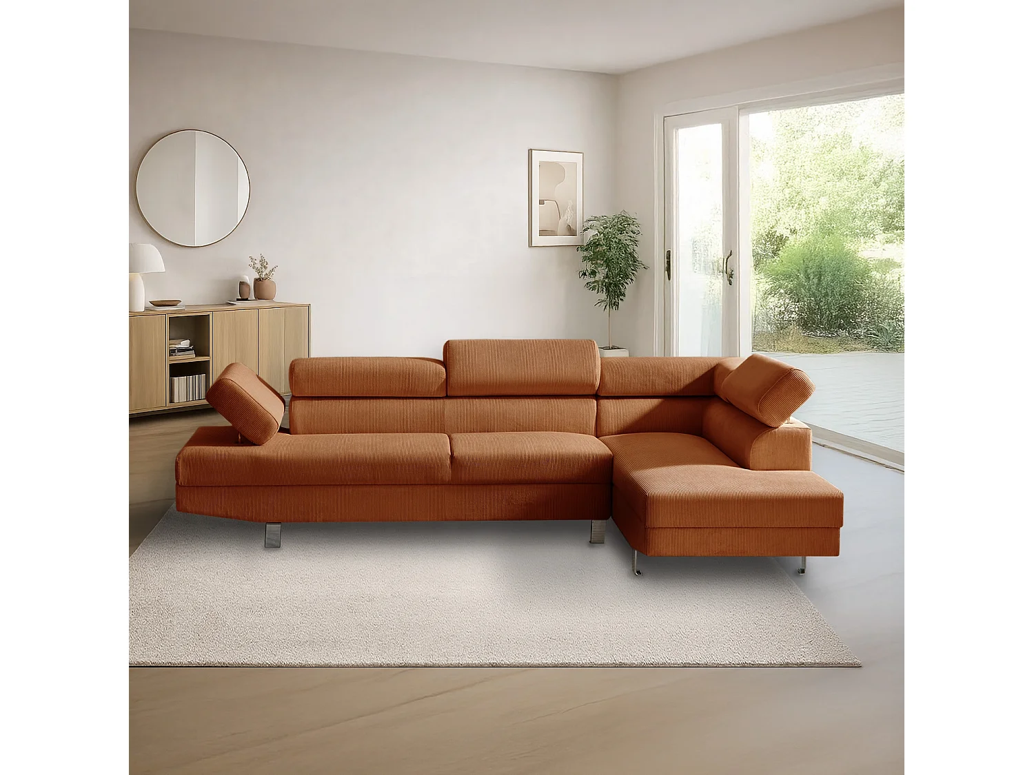 Canapé d'angle droit avec têtières relevables Palerme velours côtelé terracotta