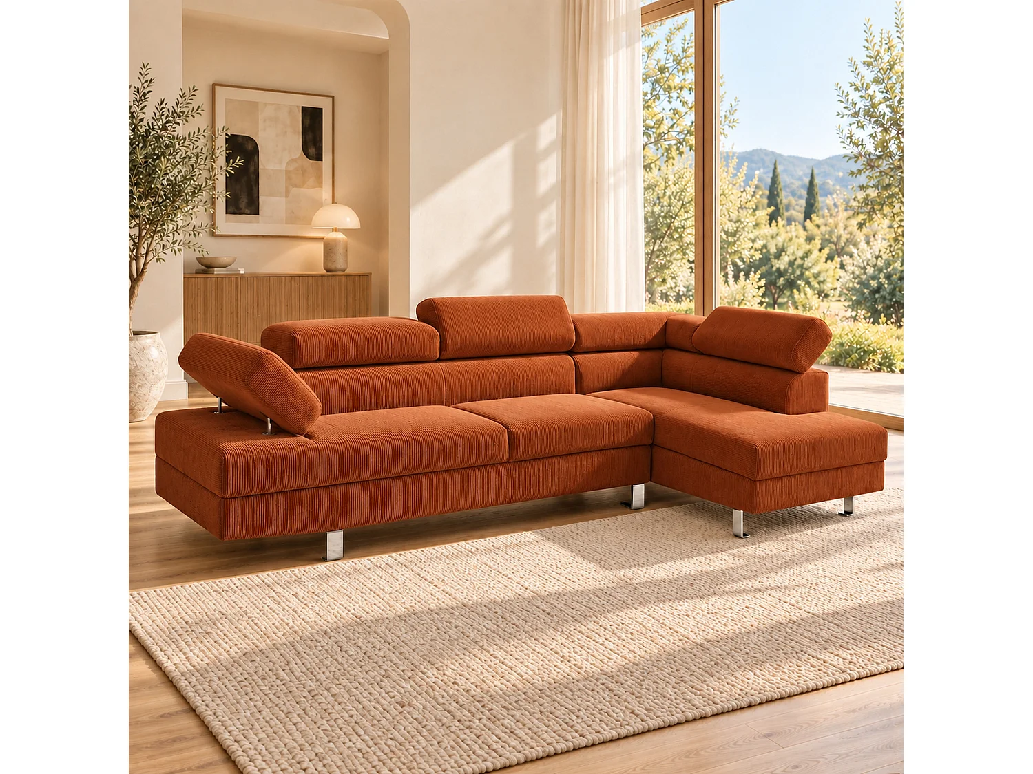 Canapé d'angle droit 5 places en velours côtelé terracotta avec têtières réglables PALERME
