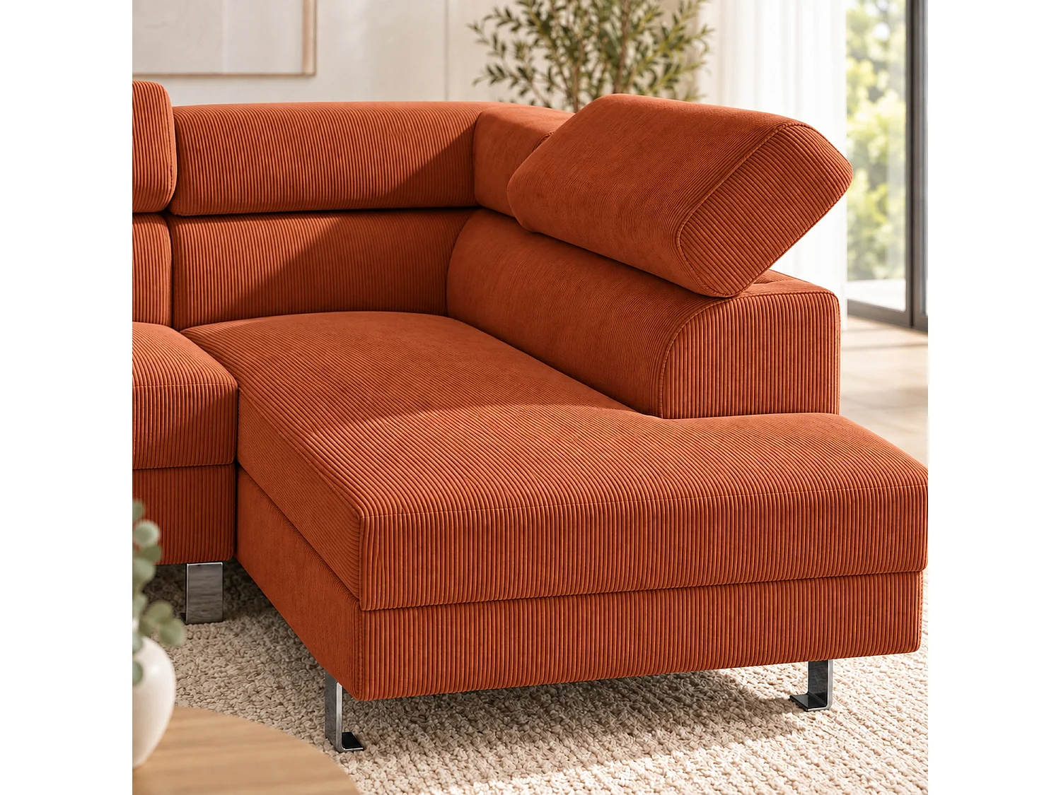 Canapé d'angle droit 5 places en velours côtelé terracotta avec têtières réglables PALERME