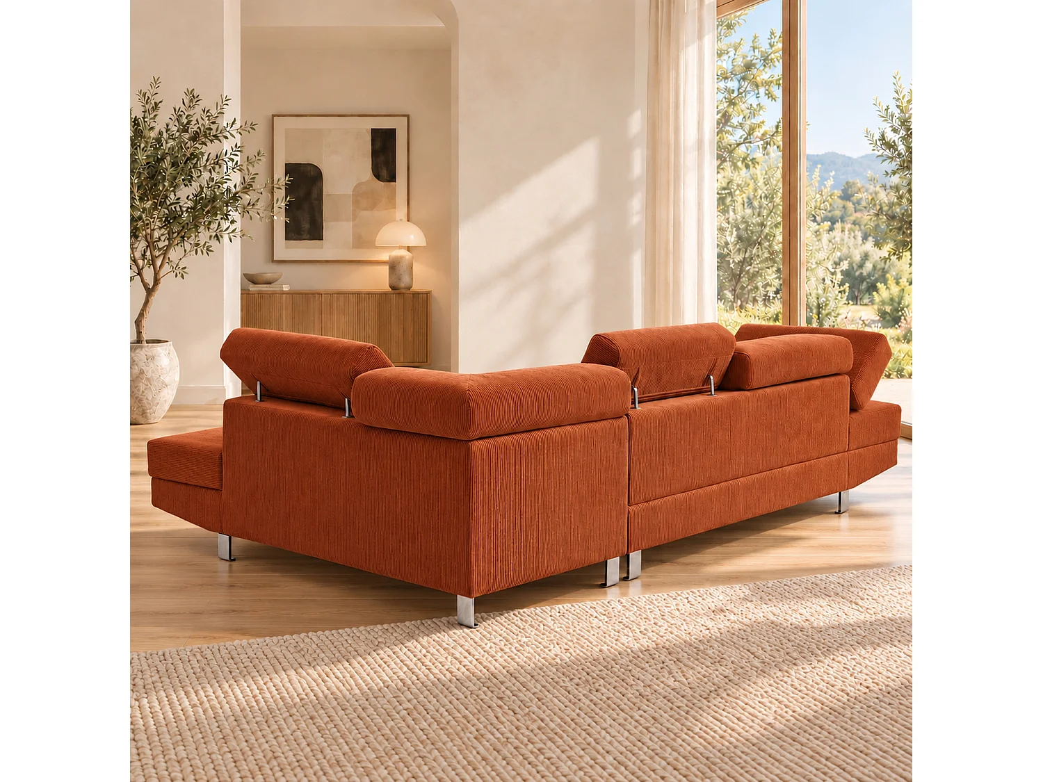 Canapé d'angle droit 5 places en velours côtelé terracotta avec têtières réglables PALERME