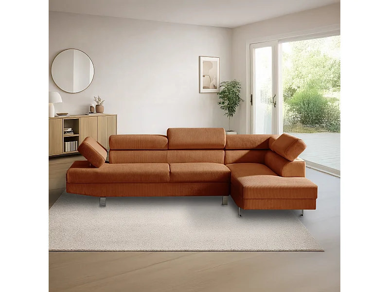 Canapé d'angle droit avec têtières relevables Palerme velours côtelé terracotta