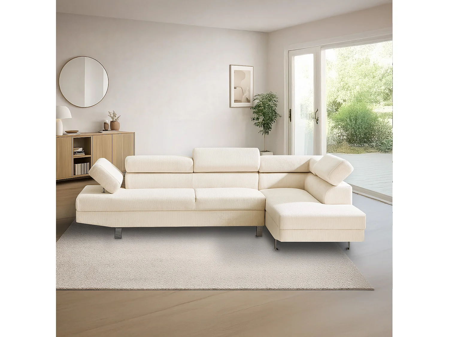 Canapé d'angle droit avec têtières relevables Palerme velours côtelé beige