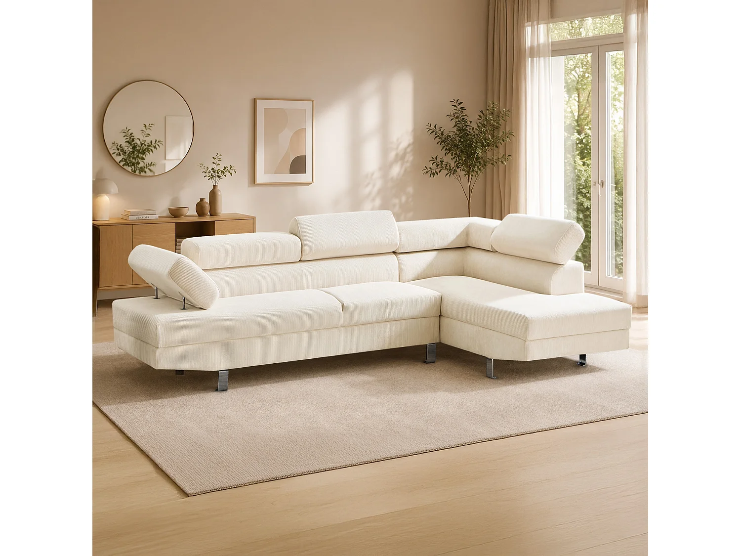 Canapé d'angle 5 places avec tetieres en velours cotele beige PALERME