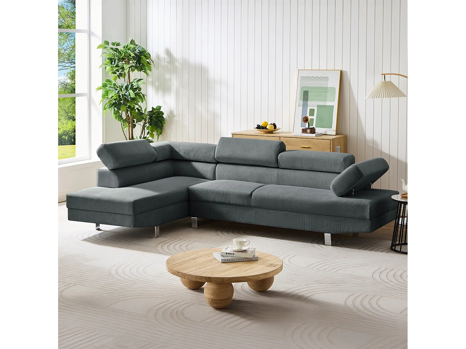 Canapé d'angle gauche avec têtières relevables Palerme velours côtelé gris