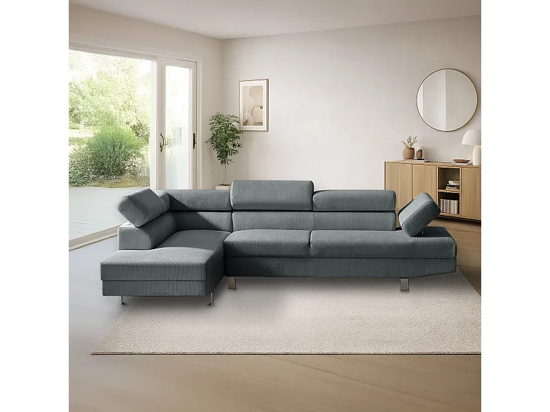 Canapé d'angle gauche avec têtières relevables Palerme velours côtelé gris