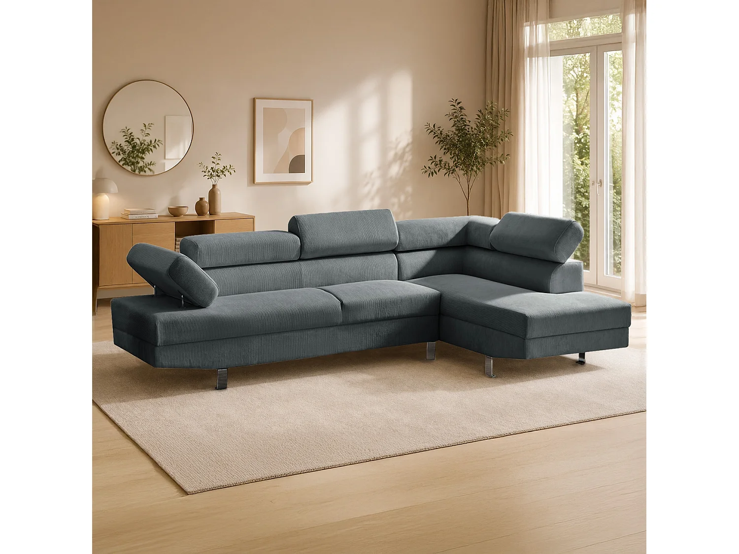 Canapé d'angle 5 places avec tetieres en velours cotele gris PALERME