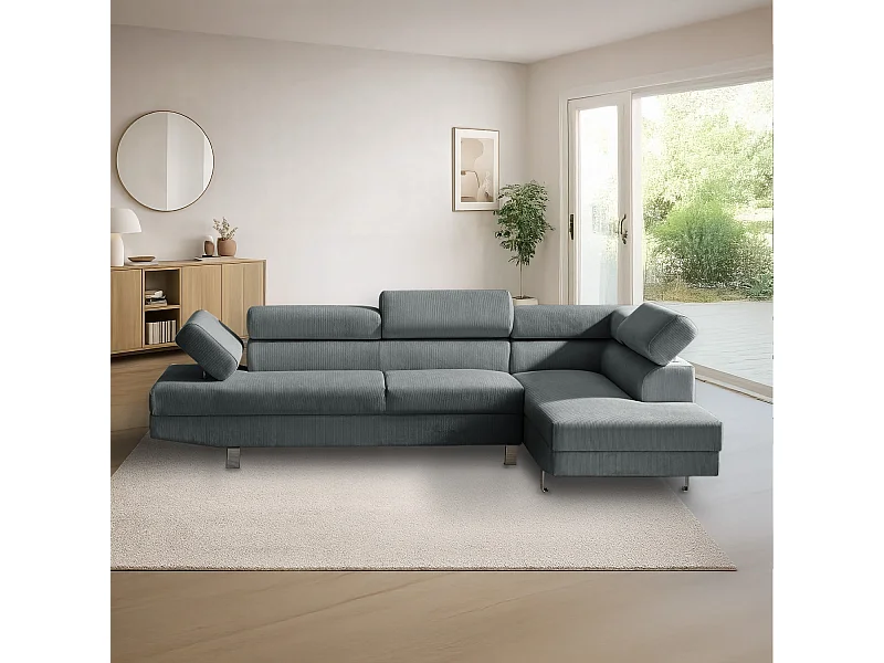 Canapé d'angle droit avec têtières relevables Palerme velours côtelé gris