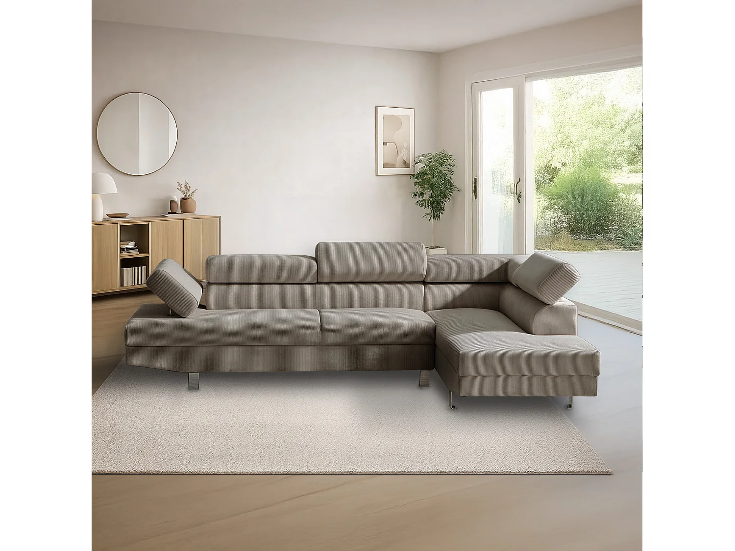 Canapé d'angle droit avec têtières relevables Palerme velours côtelé taupe