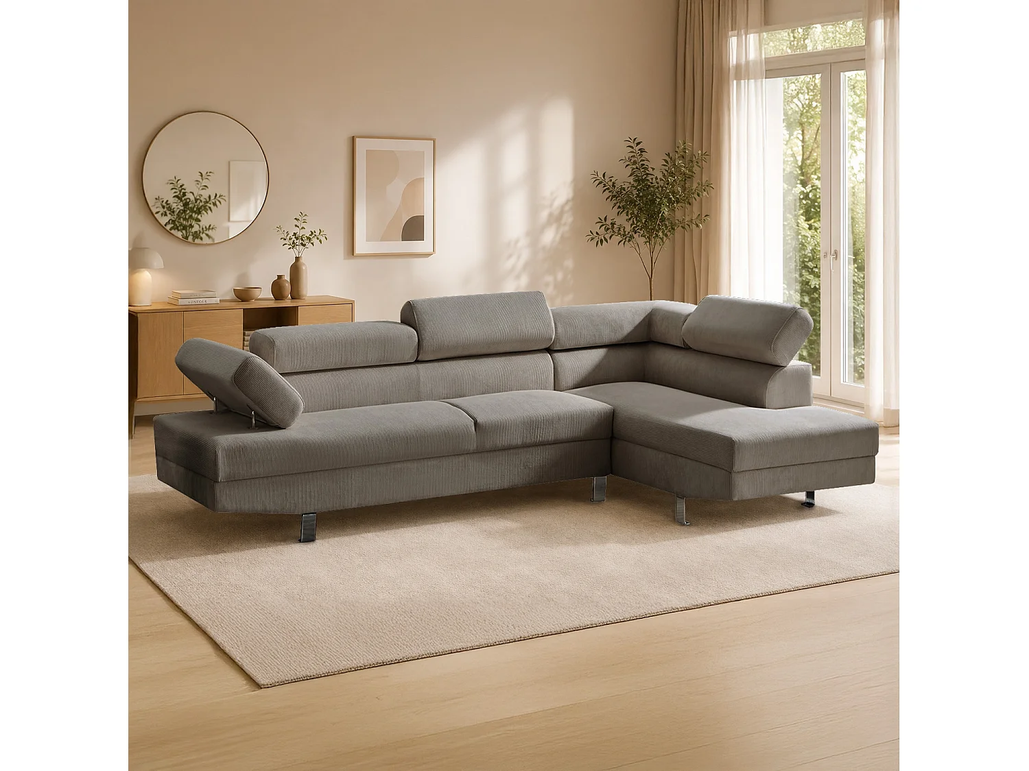 Canapé d'angle 5 places avec tetieres en velours cotele taupe PALERME