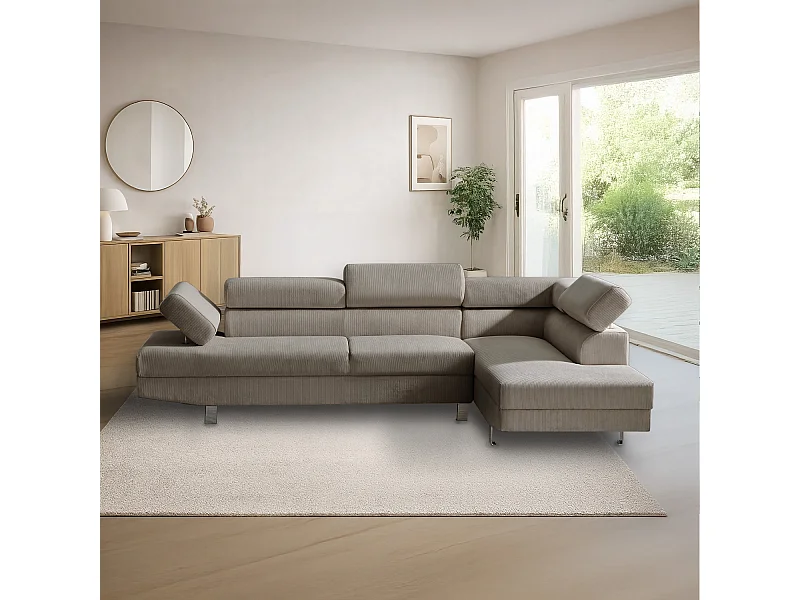 Canapé d'angle droit avec têtières relevables Palerme velours côtelé taupe