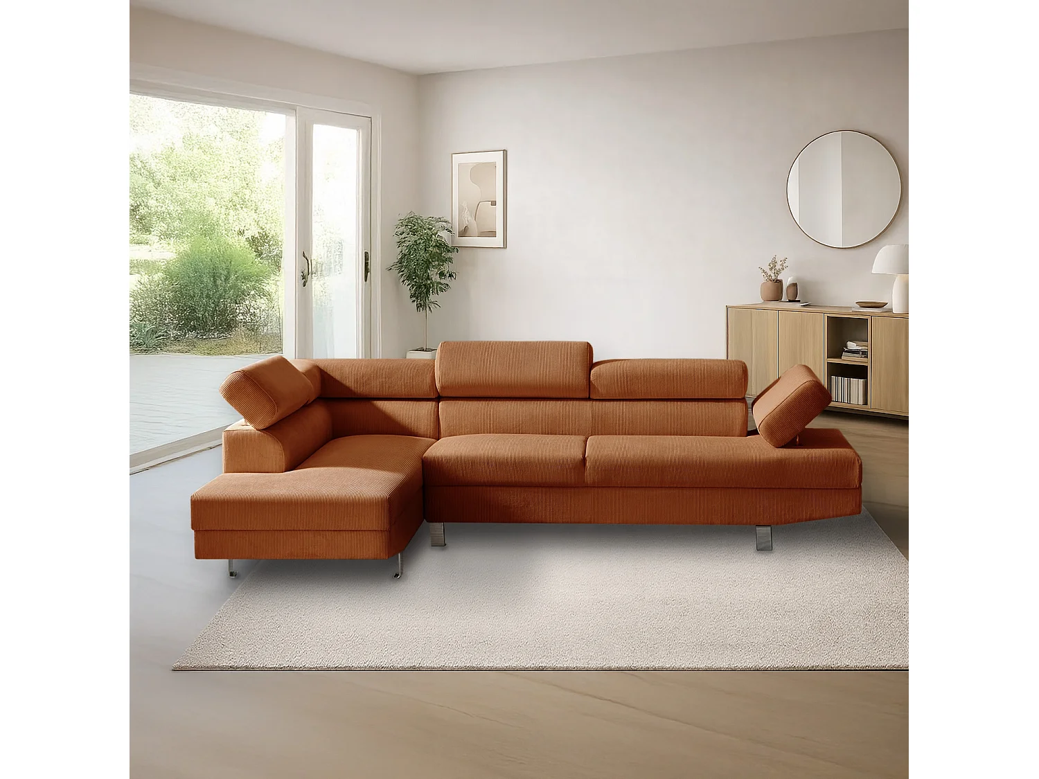 Canapé d'angle gauche avec têtières relevables Palerme velours côtelé terracotta