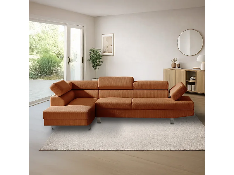 Canapé d'angle gauche avec têtières relevables Palerme velours côtelé terracotta