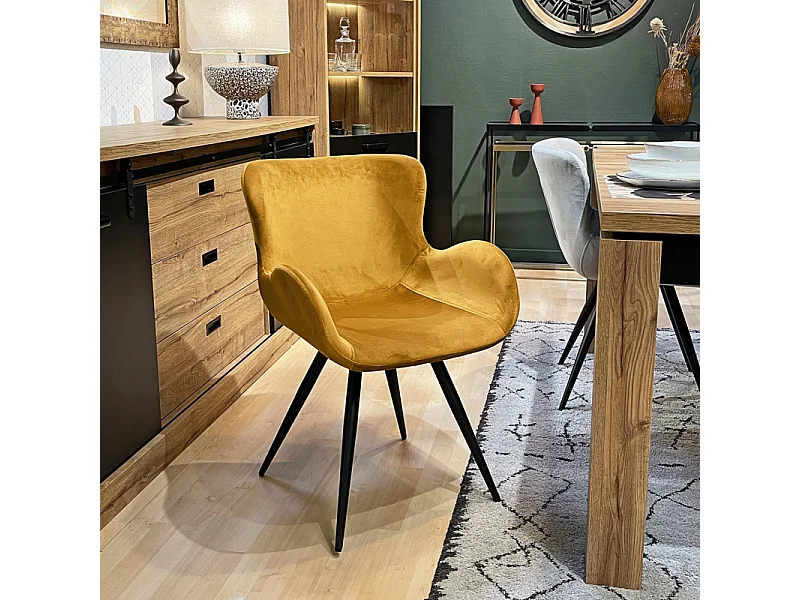 Lot 2 chaises scandinave velours jaune moutarde pieds métal – LOTUS 2