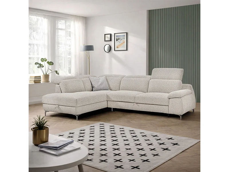 Canapé d'angle gauche convertible L. 278 cm tissu chiné beige - TULIO