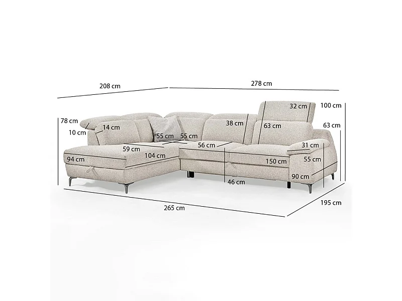 Canapé d'angle gauche convertible L. 278 cm tissu chiné beige - TULIO