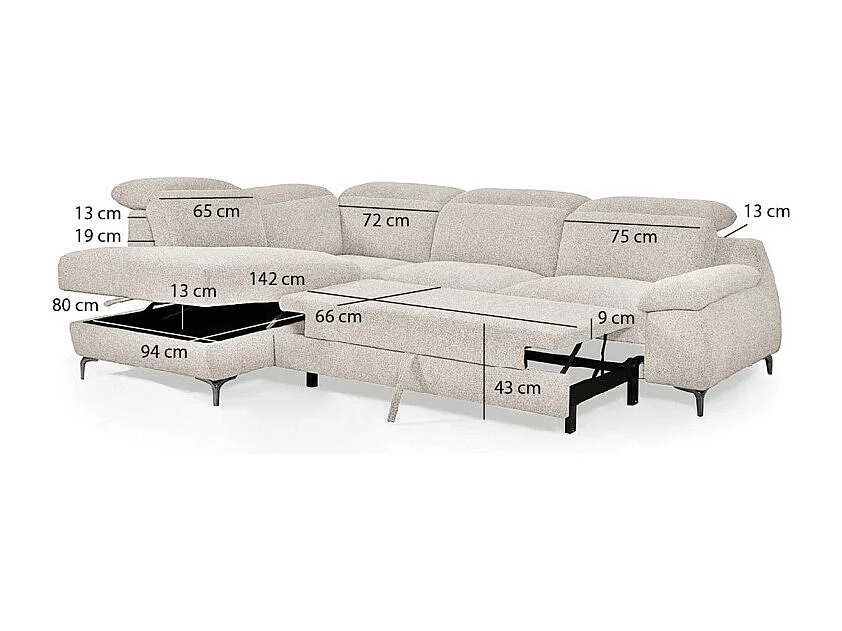 Canapé d'angle gauche convertible L. 278 cm tissu chiné beige - TULIO