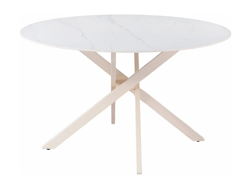 Table ronde D.130 cm céramique blanc marbré pieds crème – POPPY