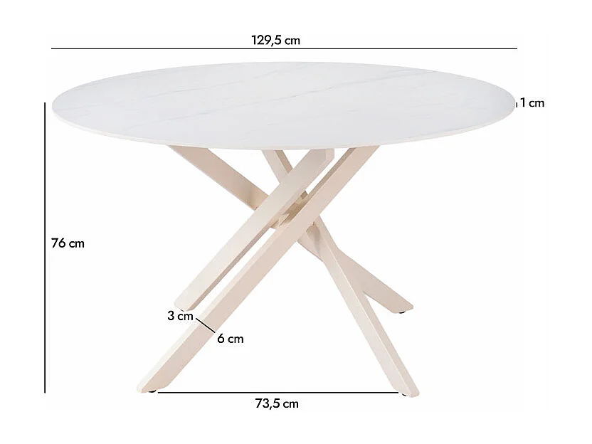 Table ronde D.130 cm céramique blanc marbré pieds crème – POPPY