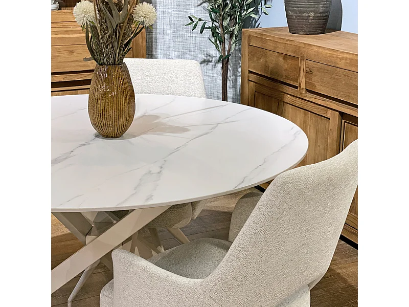 Table ronde D.130 cm céramique blanc marbré pieds crème – POPPY