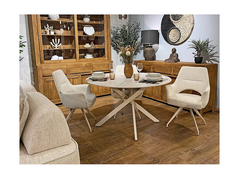 Table ronde D.130 cm céramique blanc marbré pieds crème – POPPY